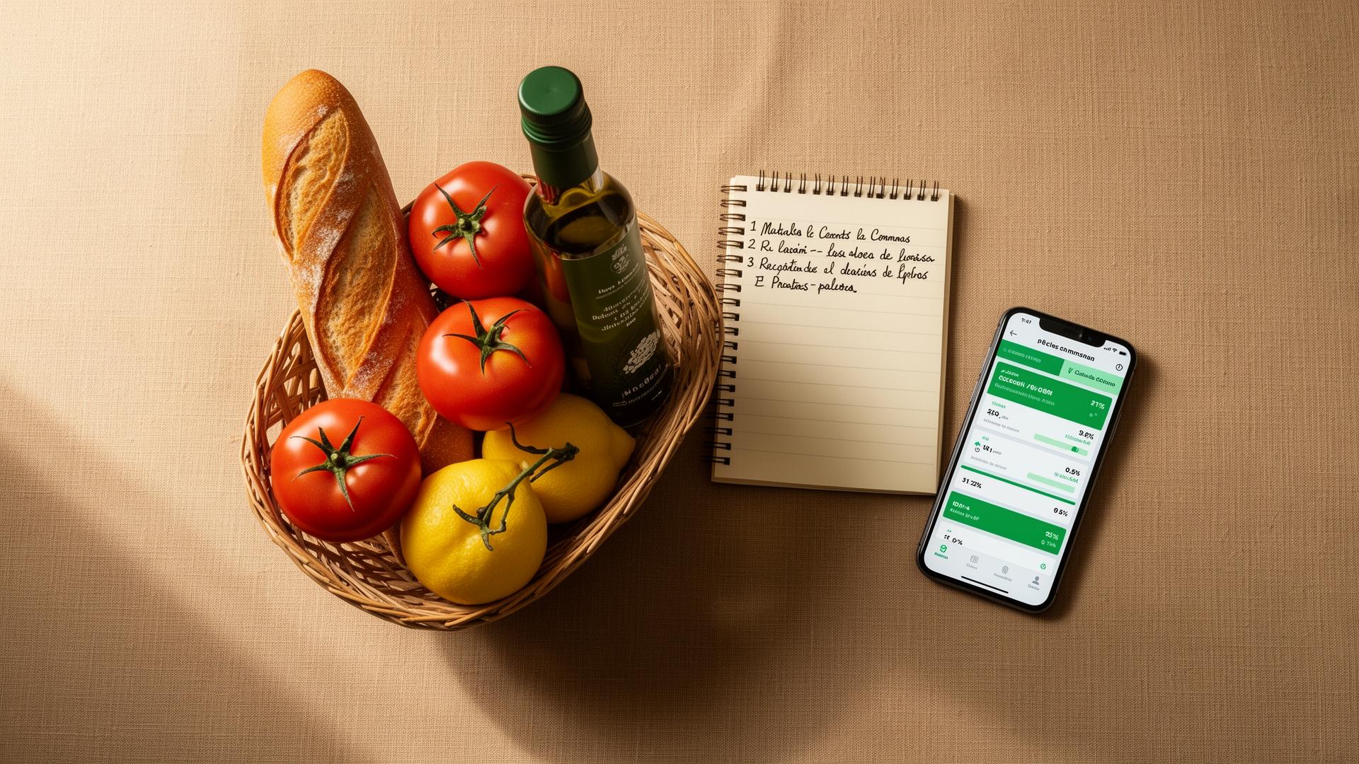 Cesta de la compra con tomates, pan, aceite y un móvil mostrando comparativa de precios